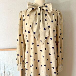 vtg 70s blue grid polka dot midi shift bow dress minimalist romantic large beige